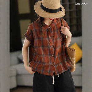 Áo sơ mi sát nách cổ đứng kẻ caro một túi - A979