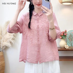 Áo sơ mi linen ngắn tay cổ đức thêu hoa lá khuy đôi - NU10462