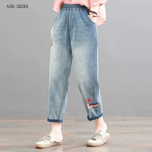 Quần baggy denim lửng lưng thun thêu sắc cầu vồng - Q033