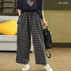 Quần baggy lưng thun dây rút kẻ caro hai túi chéo - Q259
