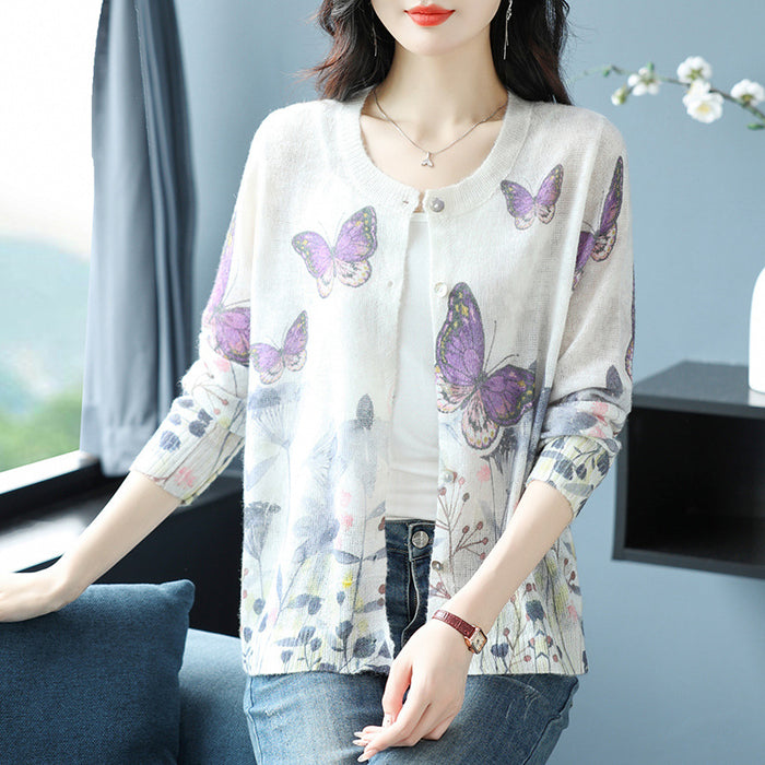 Áo len cardigan dài tay cổ tròn in những chú bướm - A513