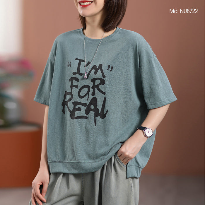 Áo T-shirt ngắn tay cổ tròn in chữ retro - NU8722