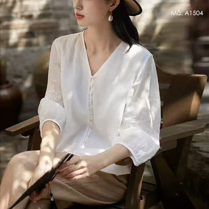 Áo sơ mi linen tay lửng cổ V thêu hoa - A1504