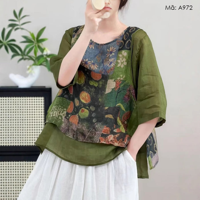 Áo sơ mi ngắn tay cổ tròn hoa văn retro kiểu hai mảnh - A972