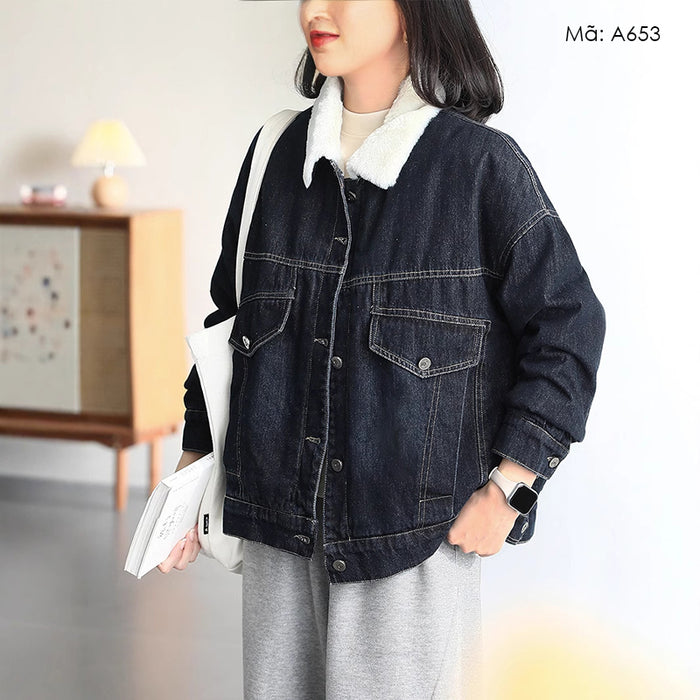 Áo khoác denim dài tay cổ đức lót lông - A653