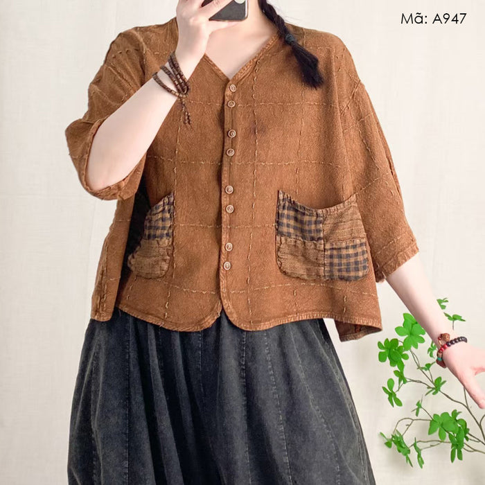 Áo sơ mi linen ngắn tay cổ V hai túi kẻ caro - A947