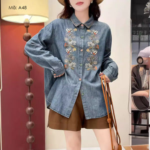 Áo sơ mi denim dài tay thêu hoa lá đối xứng - A048