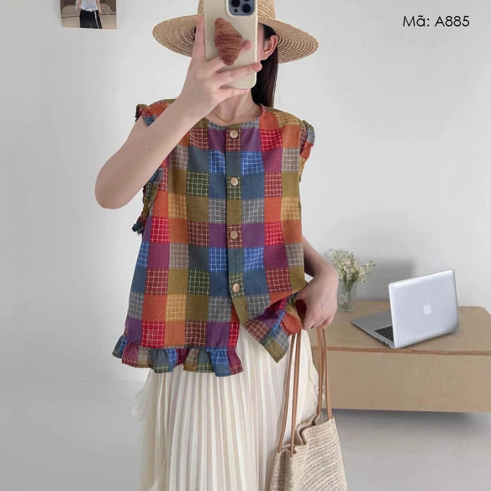 Áo sơ mi sát nách cổ tròn kẻ caro sắc màu - A885
