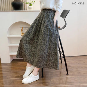 Chân váy xòe lưng thun in những chiếc lá liti - V132