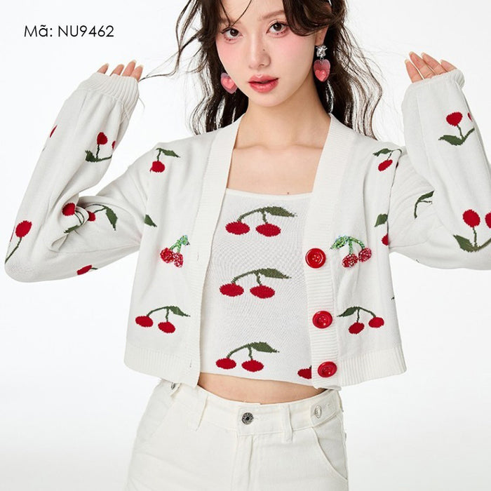 Áo khoác len croptop dài tay thêu quả cherry - NU9462