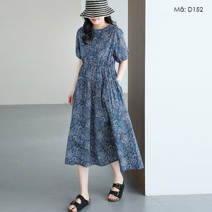 Đầm liền ngắn tay cổ tròn in retro - D152