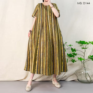Đầm liền linen ngắn tay kẻ sọc sắc màu - D144