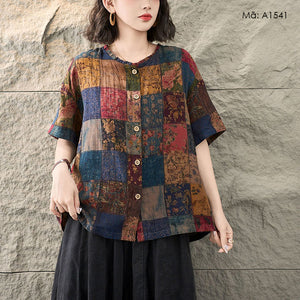 Áo sơ mi linen ngắn tay ô mảng màu - A1541