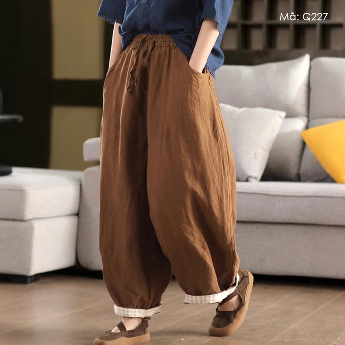 Quần baggy linen lưng thun ống rộng gấu phối caro - Q227