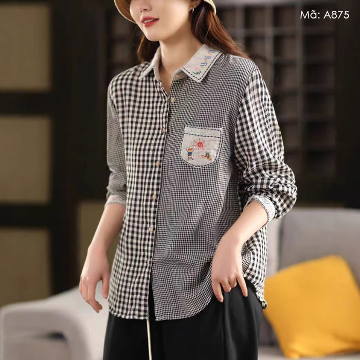 Áo sơ mi dài tay cổ đức thêu hoạt hình kẻ caro - A774