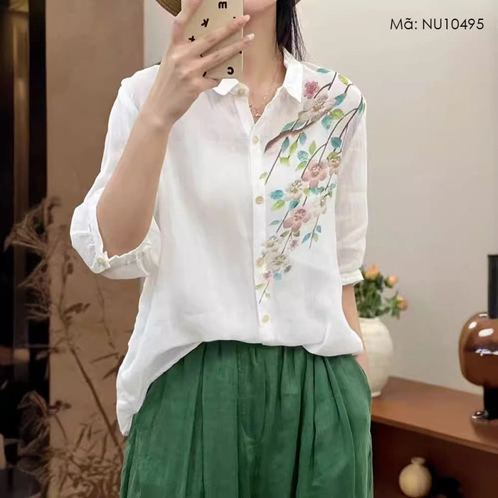 Áo sơ mi linen ngắn tay cổ đức in nhành đào - NU10495