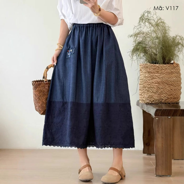 Chân váy denim lưng thun phối lệch màu thêu hoa lá - V117