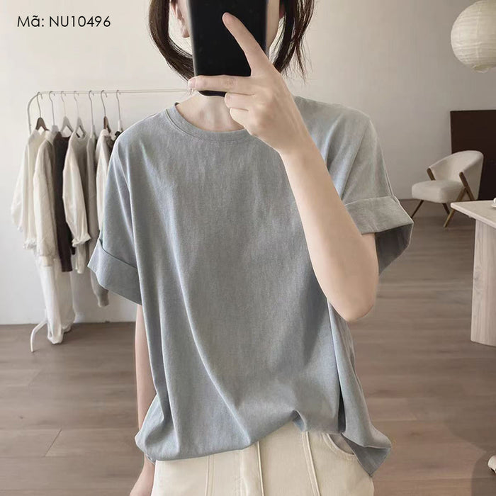 Áo T-shirt ngắn tay gấp cao cổ tròn đơn sắc - NU10496