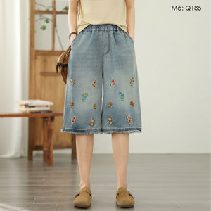 Quần sooc denim lưng thun thêu hoa sắc màu - Q185