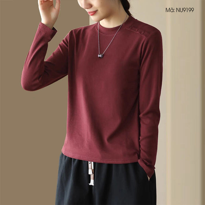 Áo T-shirt dài tay cổ tròn tròn đơn sắc khuy cầu vai - NU9199