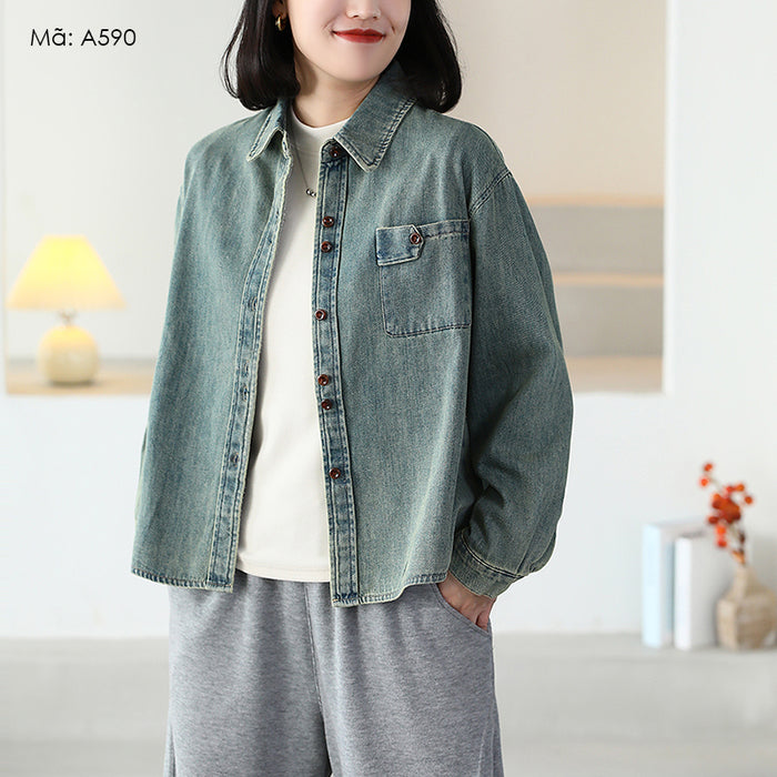 Áo sơ mi denim dài tay cổ đức một túi vuông - A590