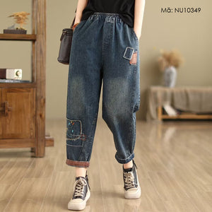 Quần baggy denim lưng thun ống côn thêu hoa trừu tượng - NU10349