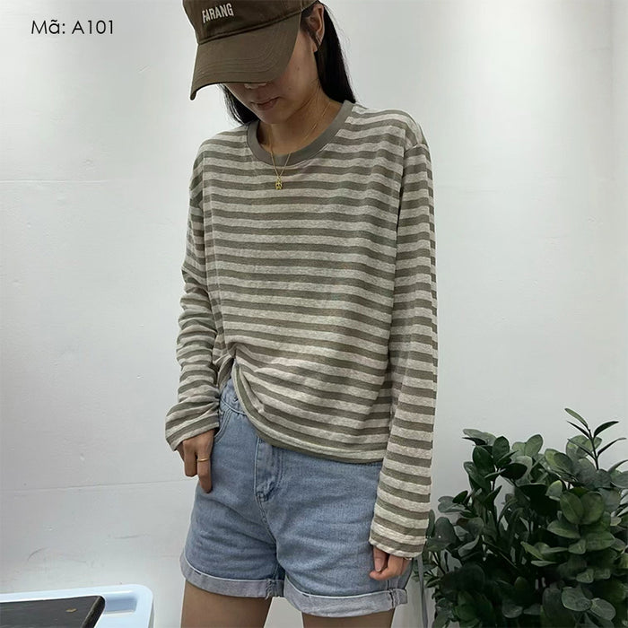 Áo T-shirt dài tay cổ tròn kẻ sọc - A101