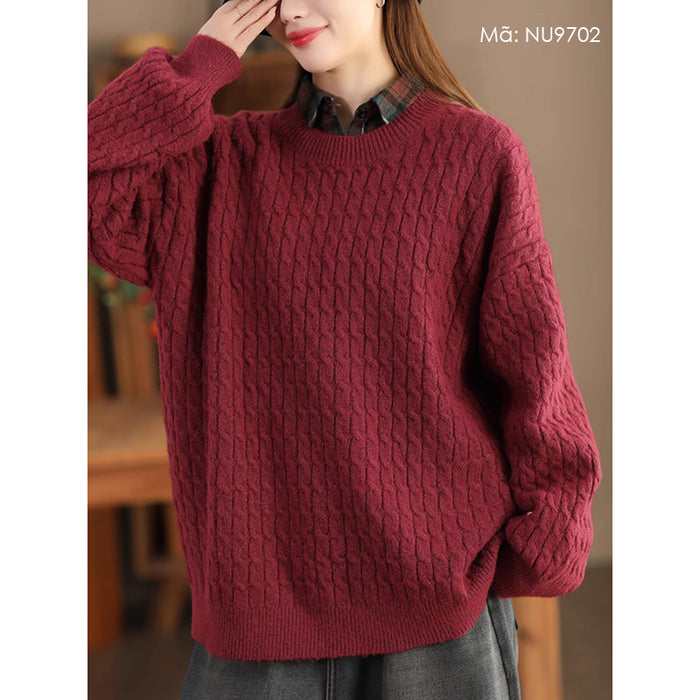 Áo len cashmere dài tay cổ tròn kiểu bện thừng - NU9702