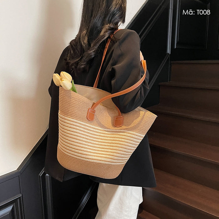 Túi cói đan tay retro quai da kẻ sọc  - T008