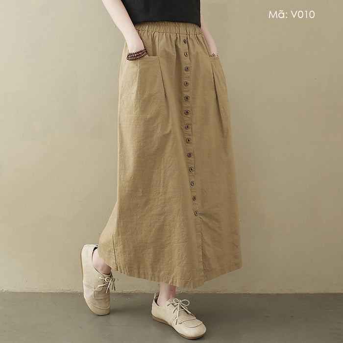 Chân váy linen retro lưng thun hai túi đính khuy - V010