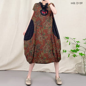 Đầm liền linen sát nách cổ V - D139