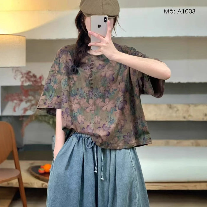 Áo T-shirt ngắn tay in hoa lá - A1003