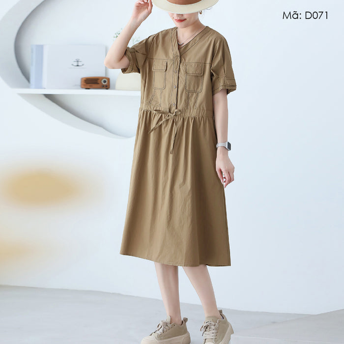 Đầm liền ngắn tay cổ V hai túi vuông - D071
