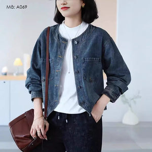 Áo khoác denim dài tay cổ tròn vạt chéo - A069