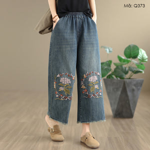 Quần baggy denim lửng thêu hoa - Q373