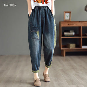 Quần baggy denim vệt màu lưng thun một túi kiểu - NU8707