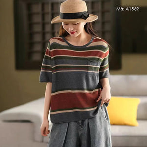 Áo T-shirt dệt kim ngắn tay kẻ sọc - A1569
