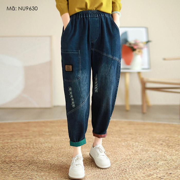 Quần baggy denim lưng thun kiểu mài rách gấu lệch màu - NU9630