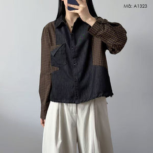 Áo sơ mi denim dài tay phối caro - A1323 - kamaka.vn