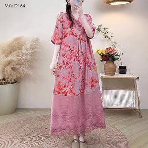 Đầm liền ngắn tay cổ V in hoa lá - D164