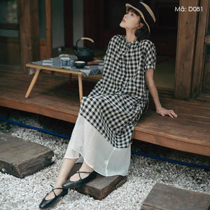 Đầm liền ngắn tay cổ đứng kẻ caro khuy cài - D081