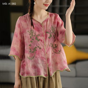 Áo sơ mi linen ngắn tay thêu hoa - A1382