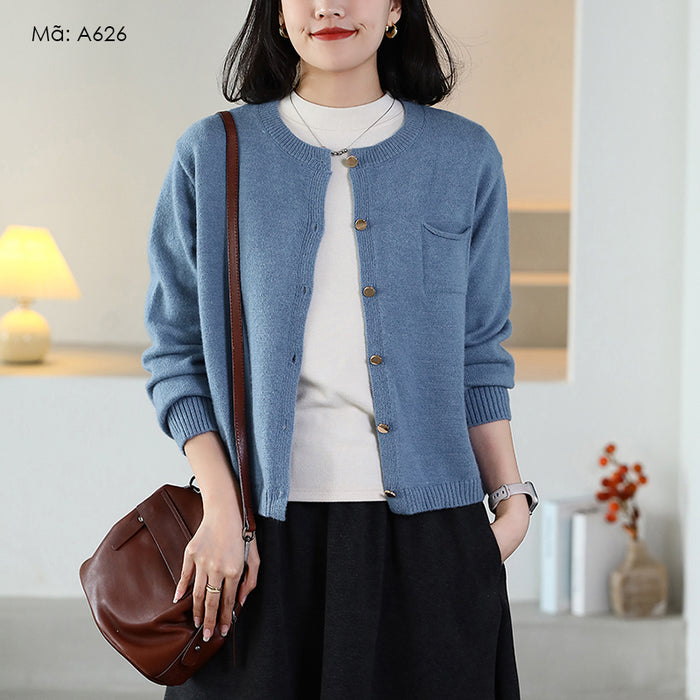 Áo khoác len cardigan dài tay cổ tròn khuy đồng một túi - A626