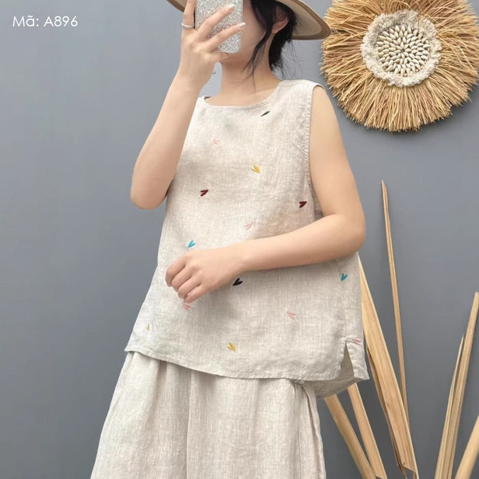 Áo sơ mi linen sát nách cổ tròn thêu trái tim kiểu hai mặt - A896