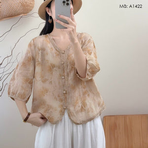 Áo sơ mi linen tay lửng in hoa cổ V - A1422