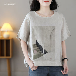 Áo T-shirt linen ngắn tay cổ tròn in trừu tượng - NU8780