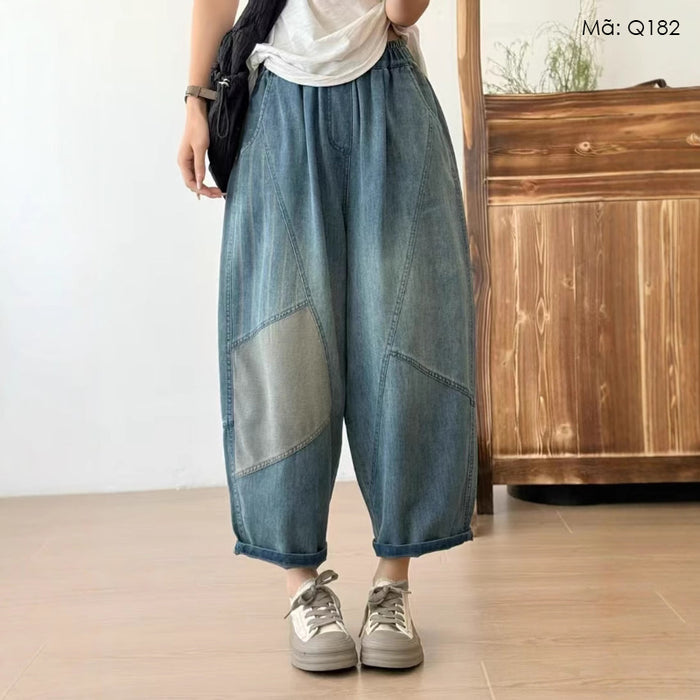 Quần baggy denim lưng thun chắp vá một túi sau - Q182