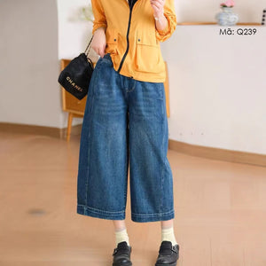 Quần baggy denim lửng lưng thun dây rút ống rộng - Q239