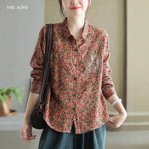 Áo sơ mi linen dài tay cổ đức in hoa lá túi thêu - A598