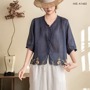 Áo sơ mi linen ngắn tay thêu hoa - A1463
